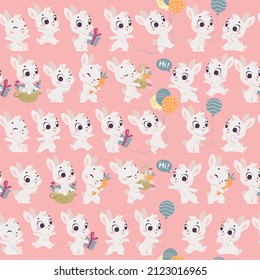Vector seamless pattern with cute little white bunnies isolated. Nursery design, flat simple cartoon style. For banners, children cards, packaging papers, prints etc.