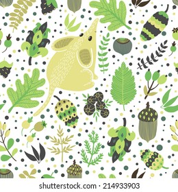 Vector seamless pattern with cute little mouse and floral elements: cones, berries, leaves, branches, nuts and acorns. Hand drawing natural texture with animal. Forest background.