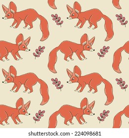 Vector seamless pattern with cute little fox and branches with leaves. Autumn forest background. Cartoon design. Repeating texture with animals.