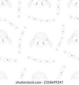 vector , seamless pattern , cute little girl with frame of  flower and bow on white background