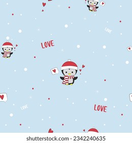 vector seamless pattern with cute little penguin character on a blue background with love lettering and red hearts. wrapping paper for winter holidays. Penguin sending love pattern background