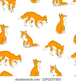Vector seamless pattern with cute little foxes isolated on white. Hand drawn texture with animals in sketch style.
