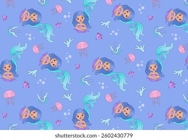 Vector seamless pattern with cute little mermaid with dark hair. Ocean, sea. Mermaid princess. Creative childish texture for fabric, packaging, textile, wallpaper.