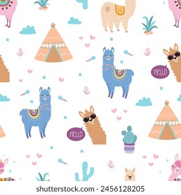 vector seamless pattern of cute llamas, alpacas and cactus collection elements for nursery design, poster, greeting, birthday card, textile