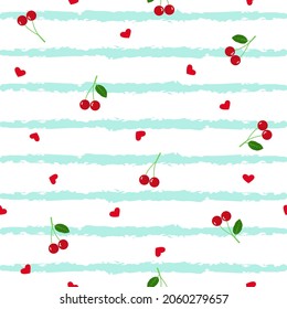 Vector seamless pattern of cute love and red cherry fruit with blue stripes in summer spring at harvest time for textile, fabric, paper, dress, pajamas, stationary, clothing, etc.