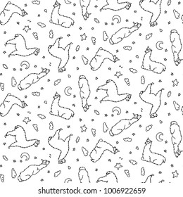 Vector seamless pattern of cute lying lama with moon, star, cloud. Isolated dreaming cartoon baby llama. Hand drawn Peru animal guanaco, alpaca, vicuna. Drawing of sleep and dream
