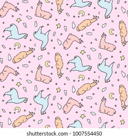 Vector seamless pattern of cute lying lama with moon, star, cloud. Isolated dreaming cartoon baby llama. Hand drawn Peru animal guanaco, alpaca, vicuna. Drawing of sleep and dream