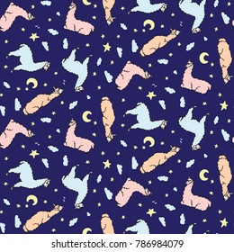 Vector seamless pattern of cute lying lama with moon, star, cloud. Isolated dreaming cartoon baby llama. Hand drawn Peru animal guanaco, alpaca, vicuna. Drawing of sleep and dream