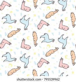 Vector seamless pattern of cute lying lama with moon, star, cloud. Isolated dreaming cartoon baby llama. Hand drawn Peru animal guanaco, alpaca, vicuna. Drawing of sleep and dream