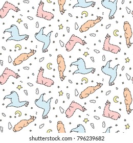 Vector seamless pattern of cute lying lama with moon, star, cloud. Isolated dreaming cartoon baby llama. Hand drawn Peru animal guanaco, alpaca, vicuna. Drawing of sleep and dream