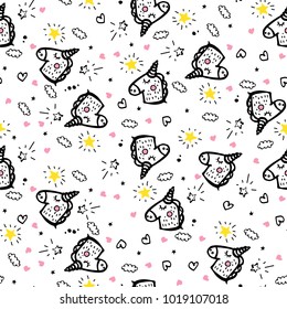 Vector Seamless pattern with cute magical unicorns. Unicorns clouds magic wand  illustration. Beautiful patterns for Boys Girls print textile, wrapping paper wallpaper