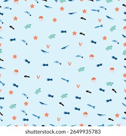 Vetor padrão sem emenda com bonitos animais marinhos - tartarugas, águas-vivas, peixes, estrelas-do-mar e corais - em um fundo azul macio. Perfeito para produtos para bebês, decoração de verão e têxteis para crianças