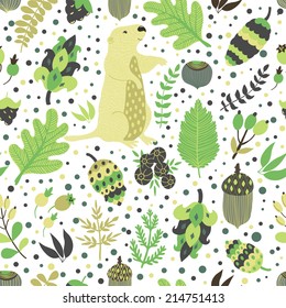 Vector seamless pattern with cute  marmot and autumn floral elements: leaves, berries, branches, nuts, acorns and cones.  Natural hand drawing texture with animals in the forest. Retro background. 