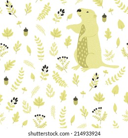 Vector seamless pattern with cute marmot and autumn floral elements: leaves, branches, berries and acorns. Natural hand drawing texture with animals in the forest. Retro background.