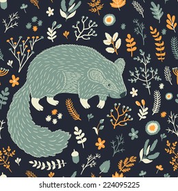 Vector seamless pattern with cute marmot and floral elements: leaves, berries, branches, nuts, acorns and flowers. Natural hand drawing texture with animals in the forest. Retro background.