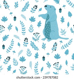 Vector seamless pattern with cute marmot and autumn floral elements: leaves, branches, berries and acorns. Natural hand drawing texture with animals in the forest.