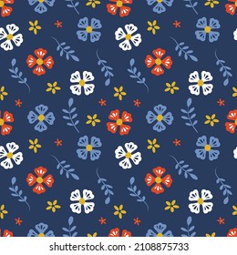 vector seamless pattern with cute meadow flowers in scandinavian style on dark blue background.  flat style pattern for printing on fabric, clothes, wrapping paper