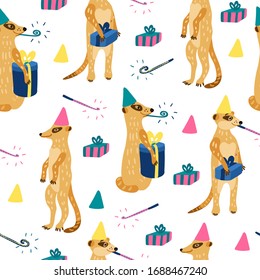 Vector seamless pattern with cute meerkats. They have gift boxes and party blowers. Great for fabrics, baby clothes, wrapping papers. Happy birthday theme.