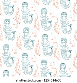 vector seamless pattern cute mermaid, print on baby clothes on white background