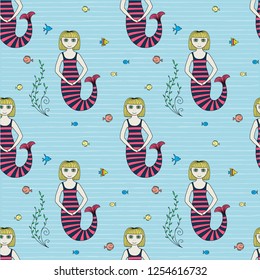 vector seamless pattern cute mermaid, print on baby clothes on a blue background