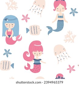 Vector seamless pattern with cute mermaid girls and underwater elements. Ocean, sea. Princess mermaid. 