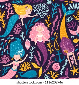 Vector seamless pattern with cute mermaids, whale, corals and seaweed. Childish repeated texture with cute girls and sea elements. Bright background with magical creatures.