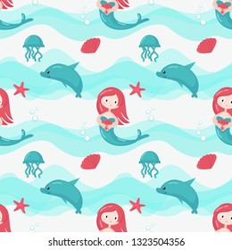 Vector seamless pattern with cute mermaids and marine animals. Beautiful swimming girls with jellyfish, starfish, seashell and dolphin. Childish mermaid background, wallpaper, fabric, wrapping paper.