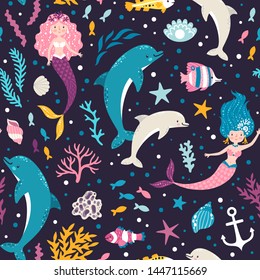 Vector seamless pattern with cute mermaids, dolphins, seaweeds and fish. Sea repeated texture with cartoon characters. Childish print for kids fabric and wrapping paper. Underwater background.