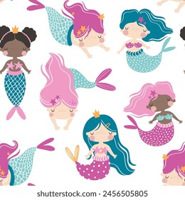 Vector seamless pattern with cute mermaids girls. Ocean, sea. Princess mermaid. Creative kids texture for fabric, wrapping, textile, wallpaper. Baby girl. Nursery. Girly print. Under the sea.