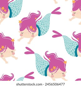 Vector seamless pattern with cute mermaids girls. Ocean, sea. Princess mermaid. Creative kids texture for fabric, wrapping, textile, wallpaper. Baby girl. Nursery. Girly print. Under the sea.