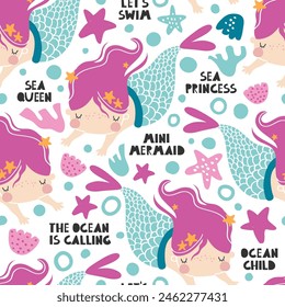 Vector seamless pattern with cute mermaids girls. Ocean, sea. Princess mermaid. Creative kids texture for fabric, wrapping, textile, wallpaper. Baby girl. Nursery. Girly print. Under the sea.