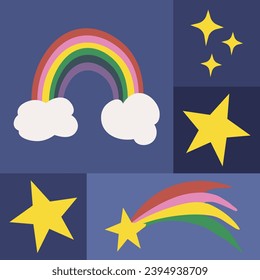 Vector seamless pattern with cute minimalistic cupcakes, stars, rainbows, flowers etc. Background, wallpaper, paper or textile print.