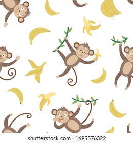 Vector seamless pattern with cute monkeys and bananas. Funny tropical animals and fruit digital paper. Bright flat background for children. Jungle summer texture
