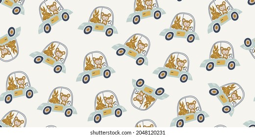 Vector seamless pattern with cute monkeys with bananas driving the truck, vehicle on beige background. Simple and stylish kids pattern, perfect for nursery, textile, print, bedding for boys and girls