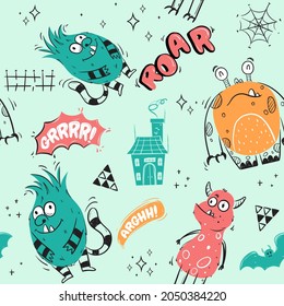 Vector Seamless Pattern with cute Monsters concept. Hand drawn flat and doodle style for design. Best For Fabric Printing, wrapping, Apparel, Textiles, Wallpaper, Backgrounds and anything as needed.