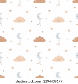 Vector seamless pattern with cute moon, stars and clouds. Design for nursery, baby clothing.