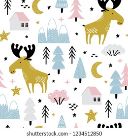 Vector seamless pattern with cute moose, trees, houses and mountains. Forest background with childish cartoon characters.