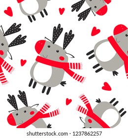 Vector seamless pattern with cute moose and red hearts. Hand drawn valentine's pattern. Design for seasonal prints, scrapbook, wrapping paper, greeting card. Valentine's background in vector. 