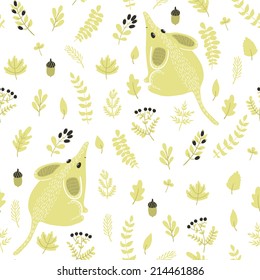 Vector seamless pattern with cute mouse and autumn floral elements: leaves, branches, berries and acorns. Natural hand drawing texture with animals in the forest. Retro background.