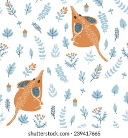 Vector seamless pattern with cute mouse and floral elements: leaves, branches, berries and acorns. Natural hand drawing texture with animals in the forest. 