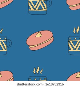 Vector seamless pattern with cute mug and macaroon. Colorful image on blue background. Doodle style. Design for greeting cards, scrapbooking, textile, wrapping paper, wallpaper, invitations.