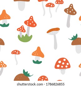 Vector seamless pattern with cute mushrooms. Autumn plants repeating background. Flat style death caps ornament. Funny toadstool texture on white background
