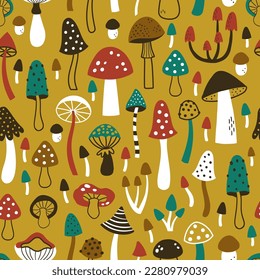 vector seamless pattern with cute mushrooms on yellow background, retro style