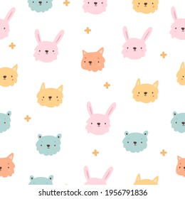 vector seamless pattern of cute muzzles of forest animals. children's doodles. bunny, bear and fox face