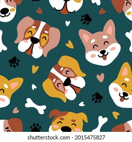 Vector seamless pattern with cute muzzles of dogs, isolated background with dog's pubes, hearts, bones. Animal pattern, wallpaper for a pet store, veterinary clinickids, textile,  nursery, fabric.