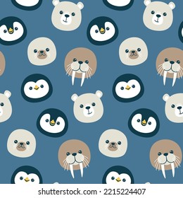 Vector seamless pattern with cute muzzles of penguin, polar white bear, walrus and fur seal