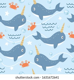 Vector seamless pattern Cute narwhal, Adorable narwhal seamless pattern. Vector cute animal background