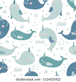 vector seamless pattern with cute narwhals, white background