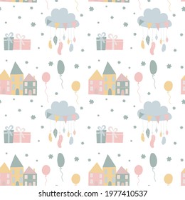 Vector seamless pattern with cute nursery illustrations. Nice printing design for kids room wallpaper, for wrapping paper or background, for the decorations on baby shower.