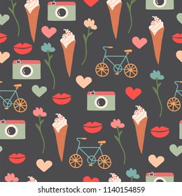 Vector seamless pattern with cute objects: ice cream, camera, flowers, bicycle, hearts and lips. Funny print. Dark background.